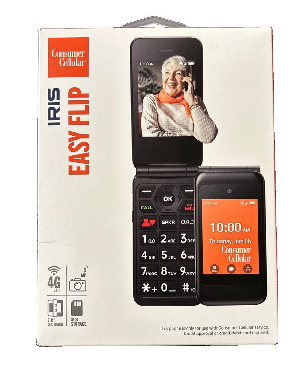 Consumer Cellular Iris Easy Flip Cellphone 8GB Flip Phone Steel Gray New Sealed